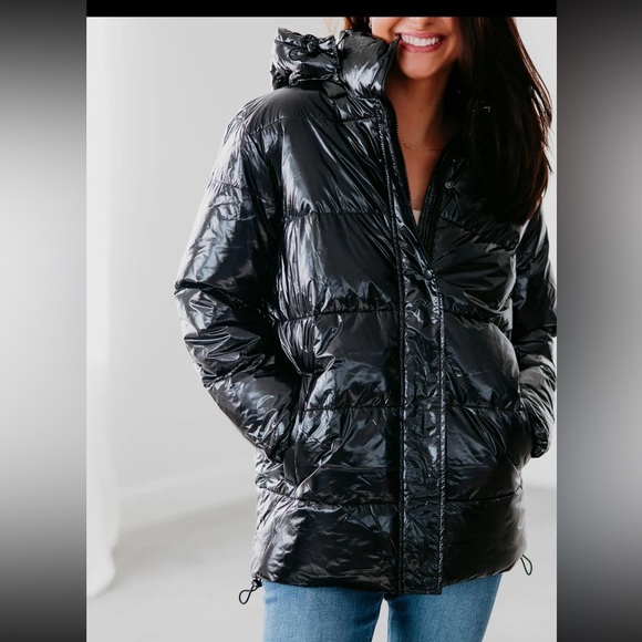 Mono B Faux Leather Jacket Size Large Black Puffer High Neckline Removable Hood - Picture 1 of 13